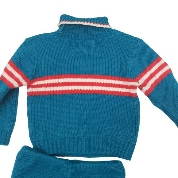 Vintage Let Kids Teal Knit Football Knit Sweater Pants Beanie Hat 70s Retro 24M - Picture 15 of 15